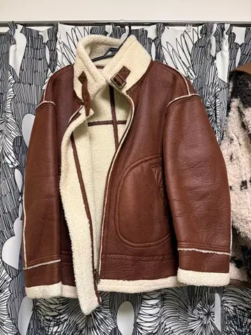 가죽 보아 자켓 브라운 아이보리