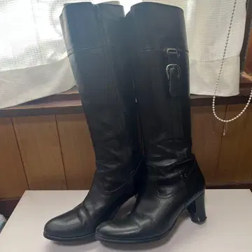 블랙 가죽 롱 부츠 지퍼 포함