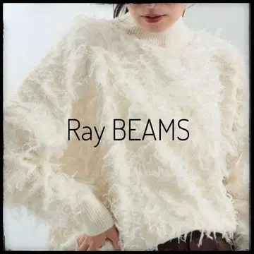 Ray BEAMS 컷 자카드 프린지 하이넥 니트 화이트