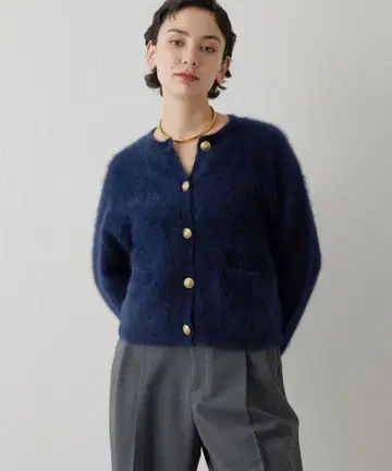 whim gazette 캐시미어 혼방 퍼 니트 자켓 네이비