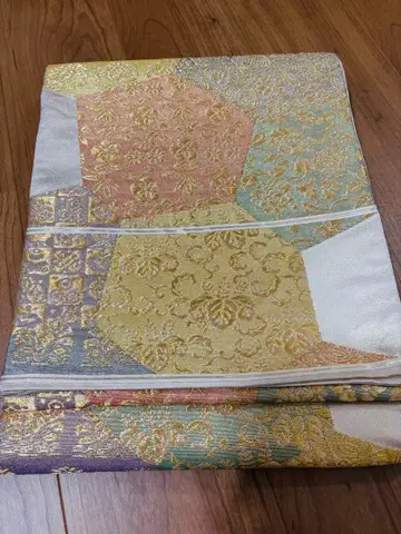 다색 금실 직조 후쿠로 오비 꽃무늬 기하학 패턴