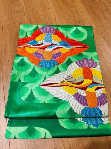 앤티크 학 자수 후쿠로 오비 그린 컬러