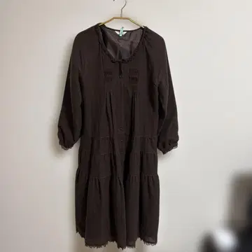 PINK HOUSE 브라운 7부 소매 롱 원피스