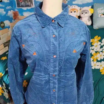 웨스턴 셔츠 새상품급 코듀로이 파랑 셔츠 긴팔 오렌지 자수
