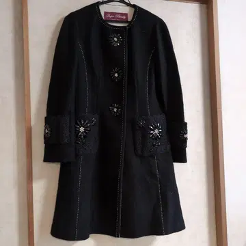 Super Beauty 블랙 비즈 장식 롱 코트