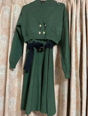 그린 스웨터 드레스 세트 허리 벨트 포함