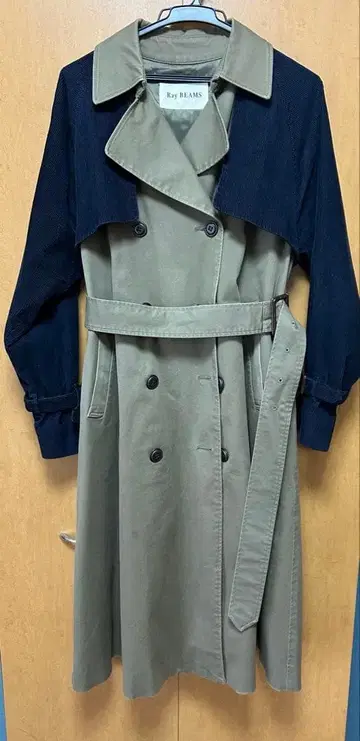 Ray BEAMS / 코듀로이 절개 트렌치 코트 카키 네이비