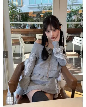 레이스 블루종 x 미니 스커트 맨투맨 셋업 프리 사이즈