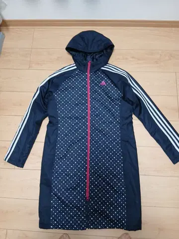 adidas 후드 부착 네이비 도트 롱 코트 여성용 L