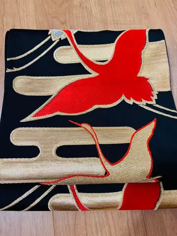 앤티크 학 자수 후쿠로 오비 블랙 레드 골드