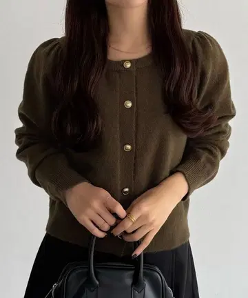 골드 버튼 퍼프 슬리브 숏 니트 가디건