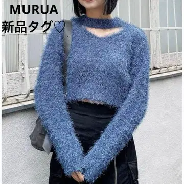 [ 새상품 택 ] MURUA 페더 초커 니트 상의 숏