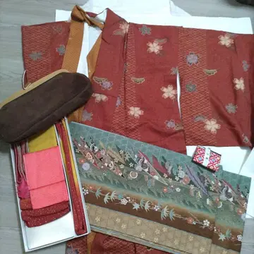 순수 실크 코몬 기모노 오비 잡화 백 세트