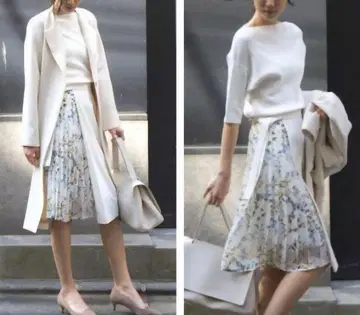 토널 버드 플라워 비대칭 플리츠 스커트