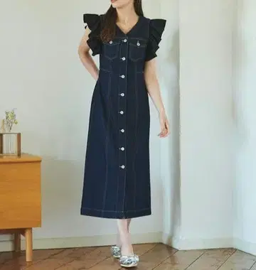 트란테안 손 드 모드 2way 소매 프릴 데님 원피스