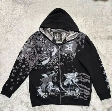 [미야비유이] 블랙 꽃무늬 드래곤 후드 부착 후드티