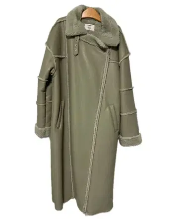 jouetie 에코 무스탕 라이더스 롱 코트 그린