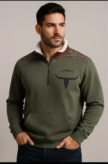 보아 안감 하프 지퍼 풀오버 X 카키 웨스턴 패턴 롱 혼