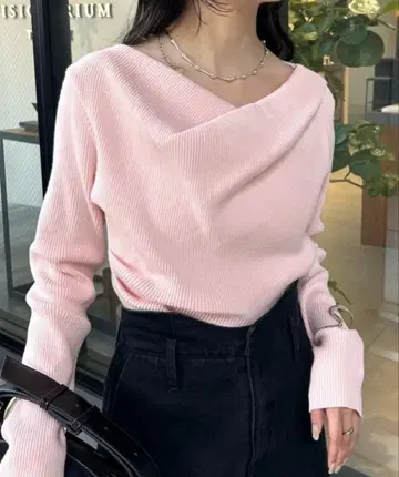 [ mystic ] 오프숄더 리브 니트 핑크 프리 사이즈