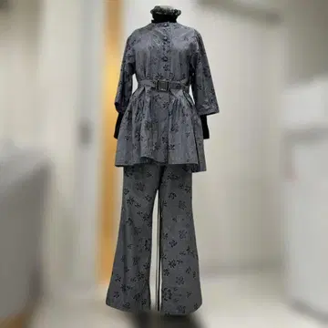 오시마 명주 기모노 리메이크 셋업 꽃무늬 그레이 계열