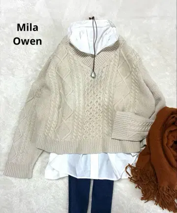 [ Mila Owen ] 케이블 짜임 V넥 코튼 니트 스웨터 베이지 색상