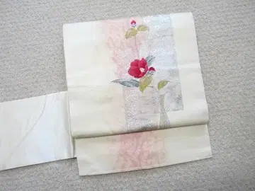 나고야 오비 빨간 동백꽃 연한 크림색 순수 실크 새상품급 N-64