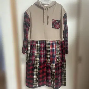 구제 의류 리메이크 후드 부착 체크 무늬 롱 원피스