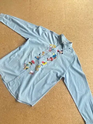 미키마우스 자수 샴브레이 셔츠 스카이블루 빈티지 미키 90s 홍콩제