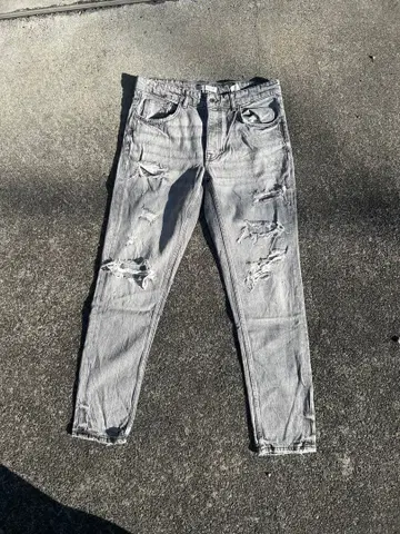 데미지 가공 그레이 스키니 청바지