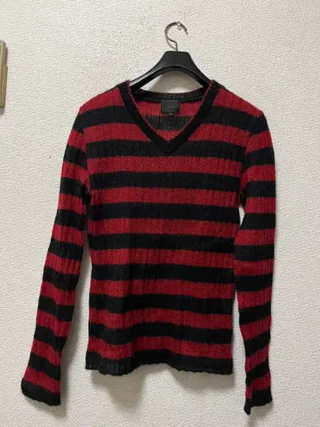 00s 어쿠스틱 모헤어 니트 스웨터 / M 블랙 x 빨간색 보더 y2k