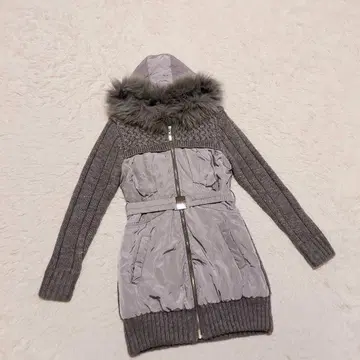 퍼 후드 니트 절개 풀 집업 롱 자켓/코트 그레이 개성적