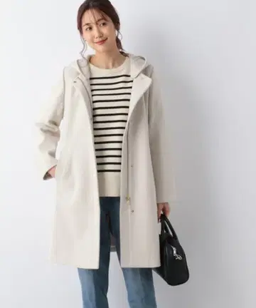 GLOBAL WORK 후드 부착 롱 코트 화이트