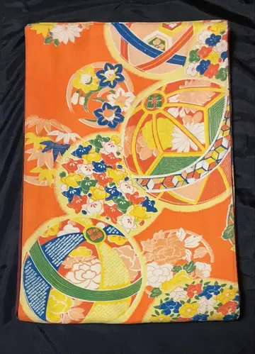 후쿠로 오비 오렌지 꽃무늬와 빨간색 직조 무늬 리버서블 1222