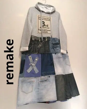 구제 의류 리메이크 데님 패치워크 후드 부착 원피스