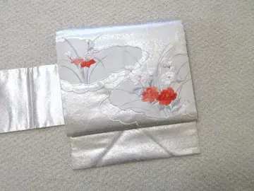 나고야 오비 창포 모란 실버 컬러 순수 실크 새상품급 N-66