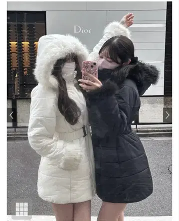 GRL 벨트 포함 퍼 다운 코트 블랙 M