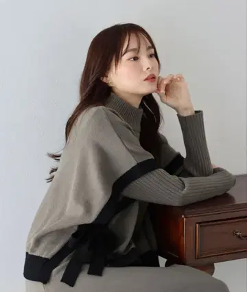 사이드 리본 케이프 니트 베스트 & 리브 니트 원피스 셋업