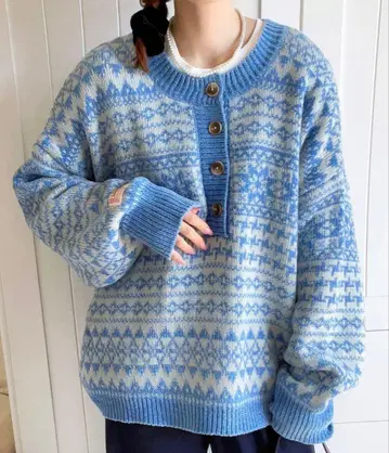 2WAY 몰 자카드 백 헨리 니트 블루 계열