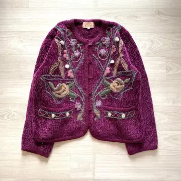 꽃무늬 자수 짧은 니트 가디건 M 보라색 긴팔 마리무라 구제 의류
