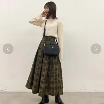 hinari 브라운 계열 체크 플리츠 롱 스커트