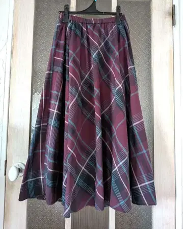 플레어 롱 스커트 버건디 체크