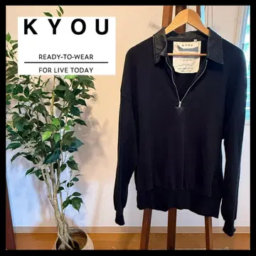 KYOU 블랙 니트 스웨터 가죽 옷깃