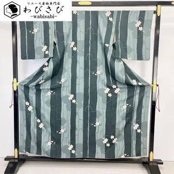 코몬 세로 줄무늬에 벚꽃 꽃무늬 천초색 크레이프 원단 K-4443