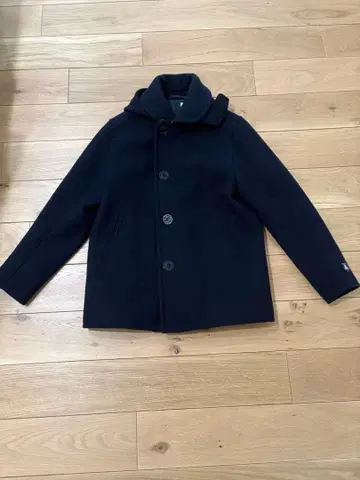 네이비 후드 부착 울 코트