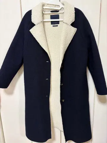 울 혼방 네이비 아이보리 롱 코트 S