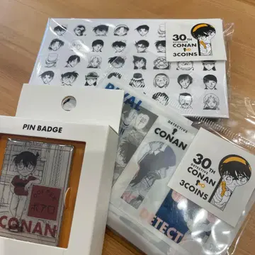 [ 미개봉 새상품 ] 쓰리코인즈 명탐정 코난 씰, 메모지, 핀 배지 세트