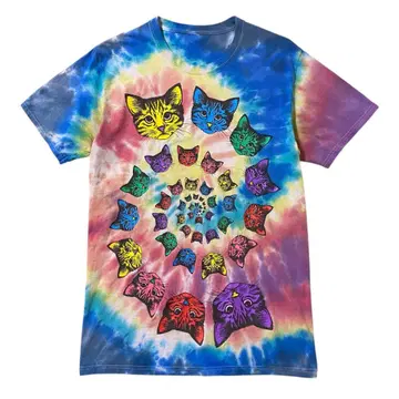 USA 구제 의류 고양이 사이키델릭 반팔 티셔츠 애니멀 I2350