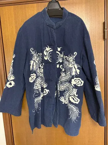 남성용 남색 드래곤 차이나 긴팔