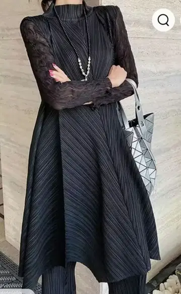 미야케 풍 플리츠 롱 드레스 팬츠 세트