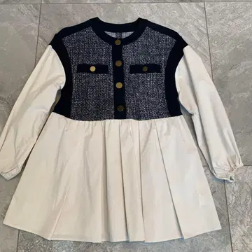 무릎 기장 원피스 긴팔 화이트/네이비